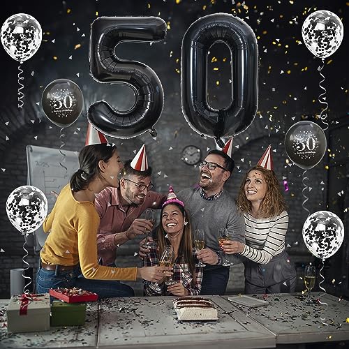 Image of 50th Birthday Balloons, 50th Birthday Decorations for Women with Black Birthday Print Confetti Balloons Latex Metallic Balloons 40 Inch Foil Number 50th Balloons for Men 50th Birthday Party Decor