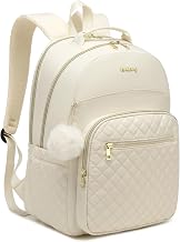 Travel Laptop Backpack Women, Water Resistant Bookbag Schoolbag with Charging Hole for Teen Girls College Students Work Bag, Beige