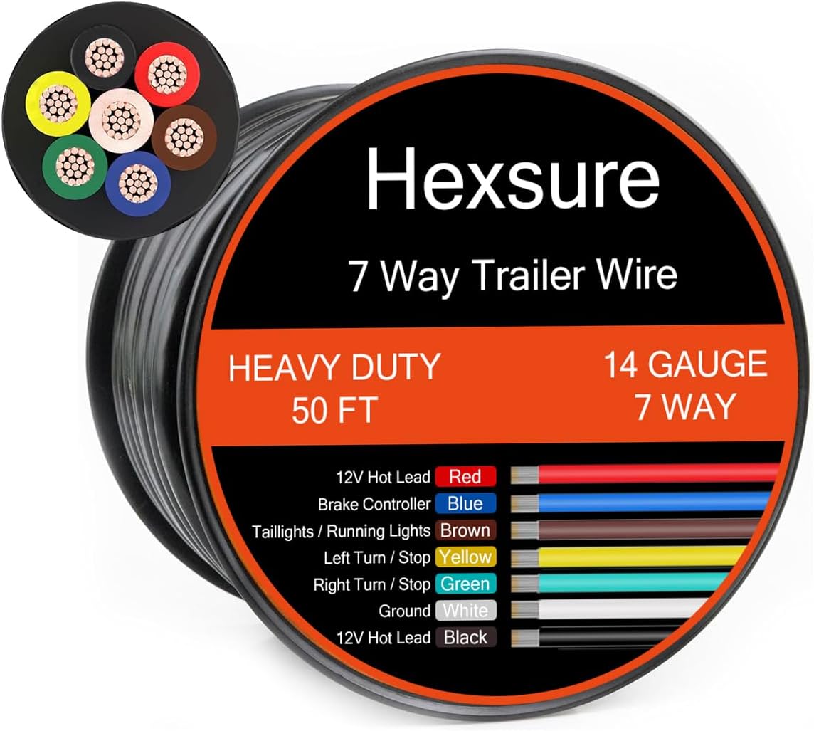 25FT 7 Way Trailer Wire, Heavy Duty 14 Gauge 7 Conductor Wiring Harness, 30% CCA Copper Clad Aluminum,Flexible 7 Conductor Insulated Cable for RV, Camper, Truck, Boat, Utility Trailers