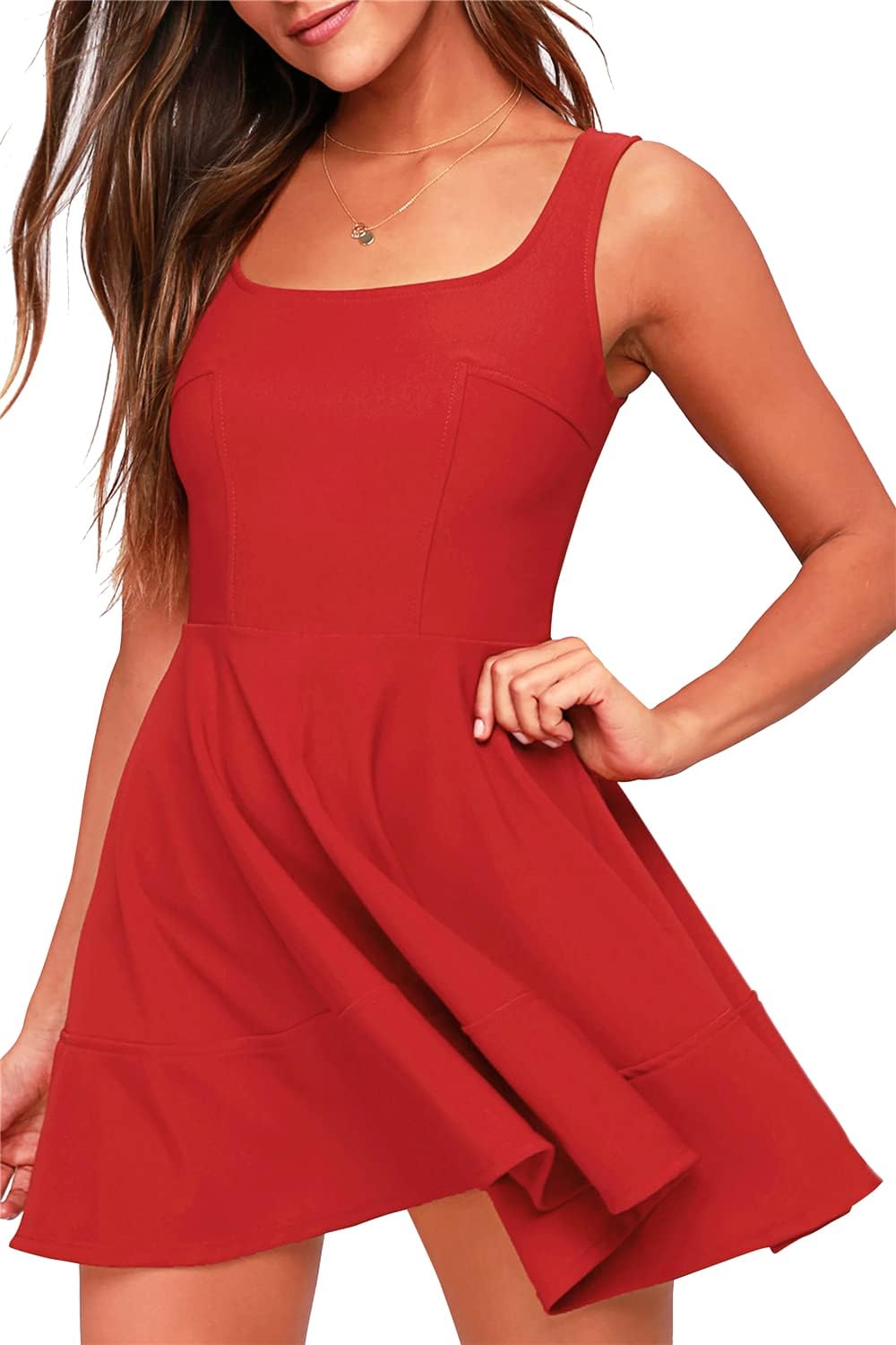 FANCYINN Women's Short V-Back Dress U-Neck Inslace Hem Wide Straps Tank Mini Skater Cocktail Dresses