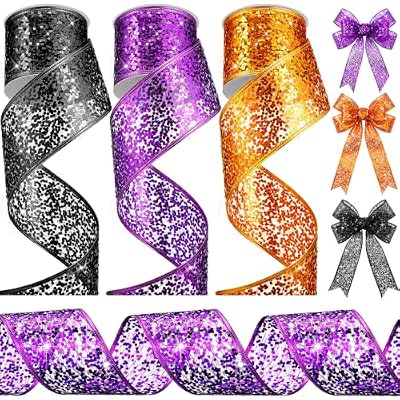 Sparkling Sequin Black Purple and Orange Wired Ribbon