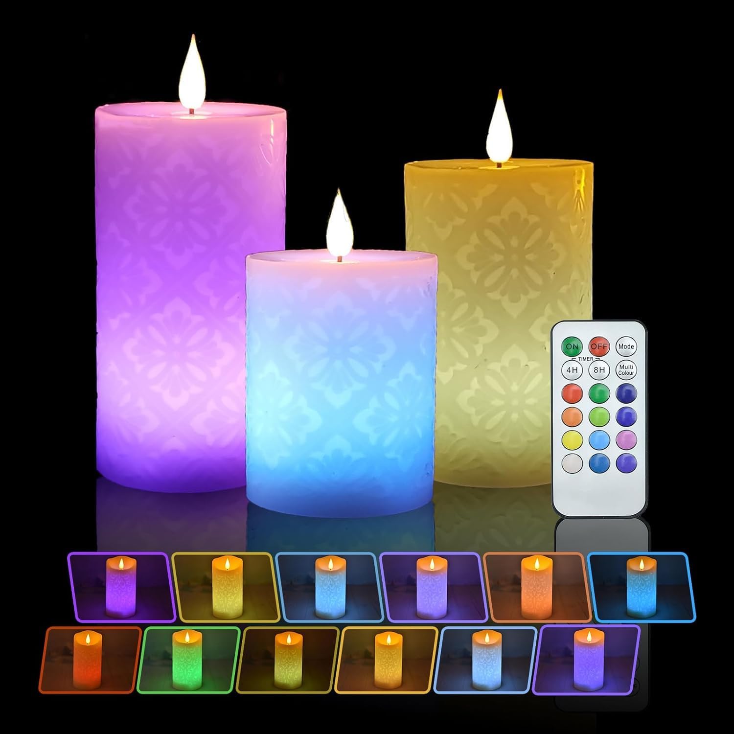 – 3PCS Electric Candles, Color Changing Flameless Candles with Remote, Floral Real Wax, Candles Battery Operated, Candles with Timer, 12 Colors LED Flameless Candles Home Decor, D 3"×H 4" 5" 6"