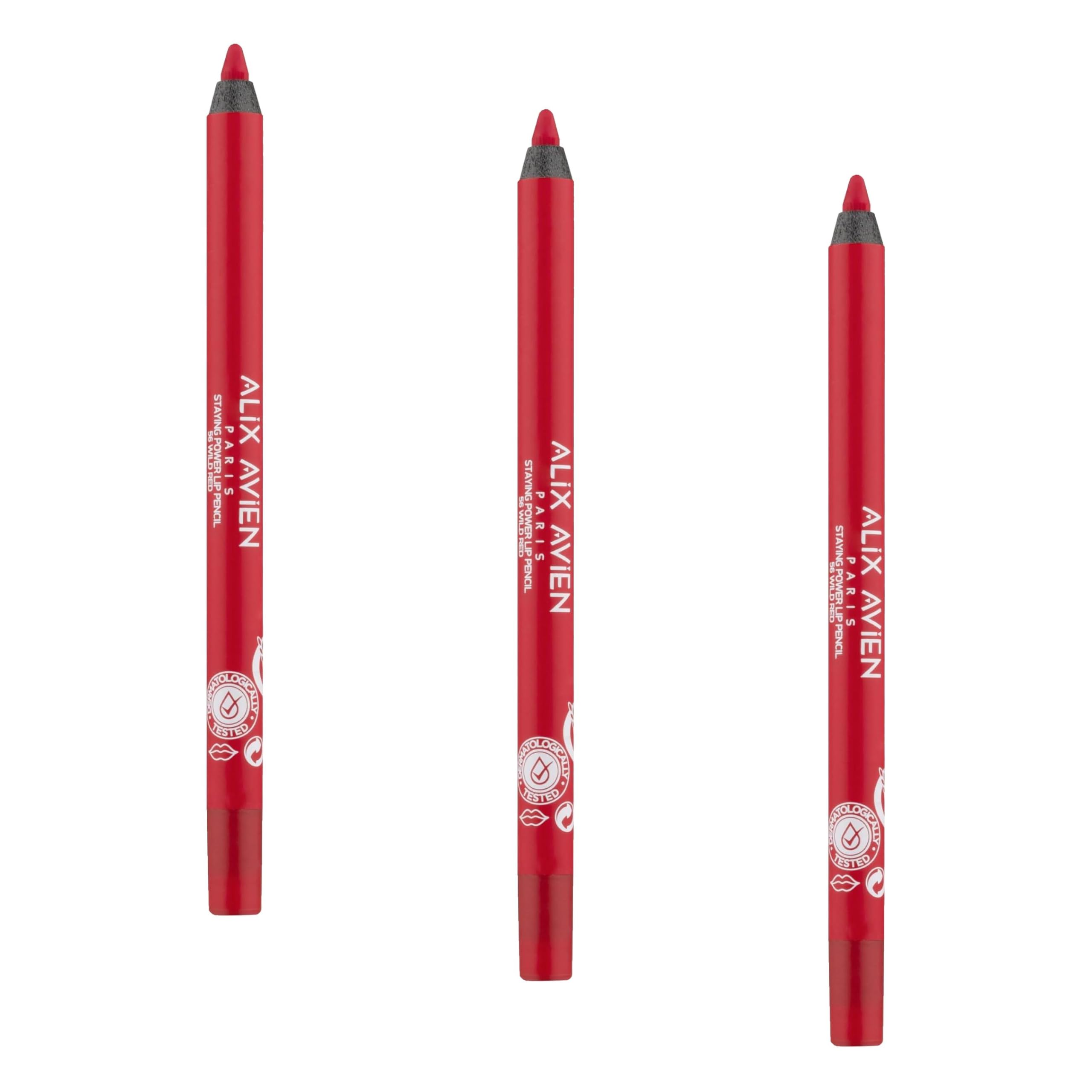 ALIX AVIEN Suya Dayanıklı Uzun Süre Kalıcı Yumuşak Dudak Kalemi - Staying Power Lip Pencil 56 Wild Red (3 paketi)