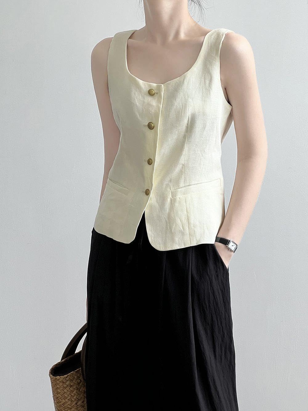 Gilet da Donna in Puro Lino con Scollo Quadrato, Canottiera Abbottonata, Gilet da Ufficio, Gilet Senza Maniche, Giacca Blazer, Gilet, Camicetta Estiva, Canotta.
