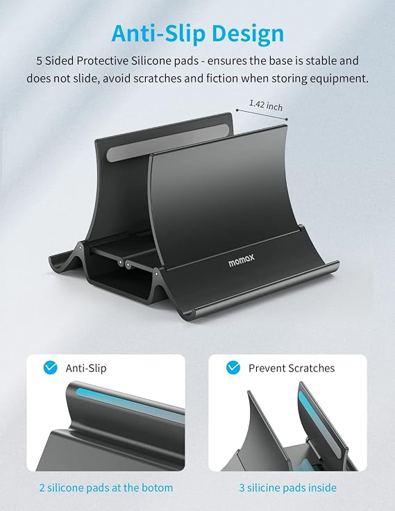 MOMAX Dikey Dizüstü Bilgisayar Standı Tutucu, Arch Gravity Otomatik Kilitleme Tutucu Depolama Yuvası, Masa Düzenleyici için Yer Tasarrufu, Tüm MacBook/iPad/Dell/Chromebook'a Uyar, Çift Dizüstü