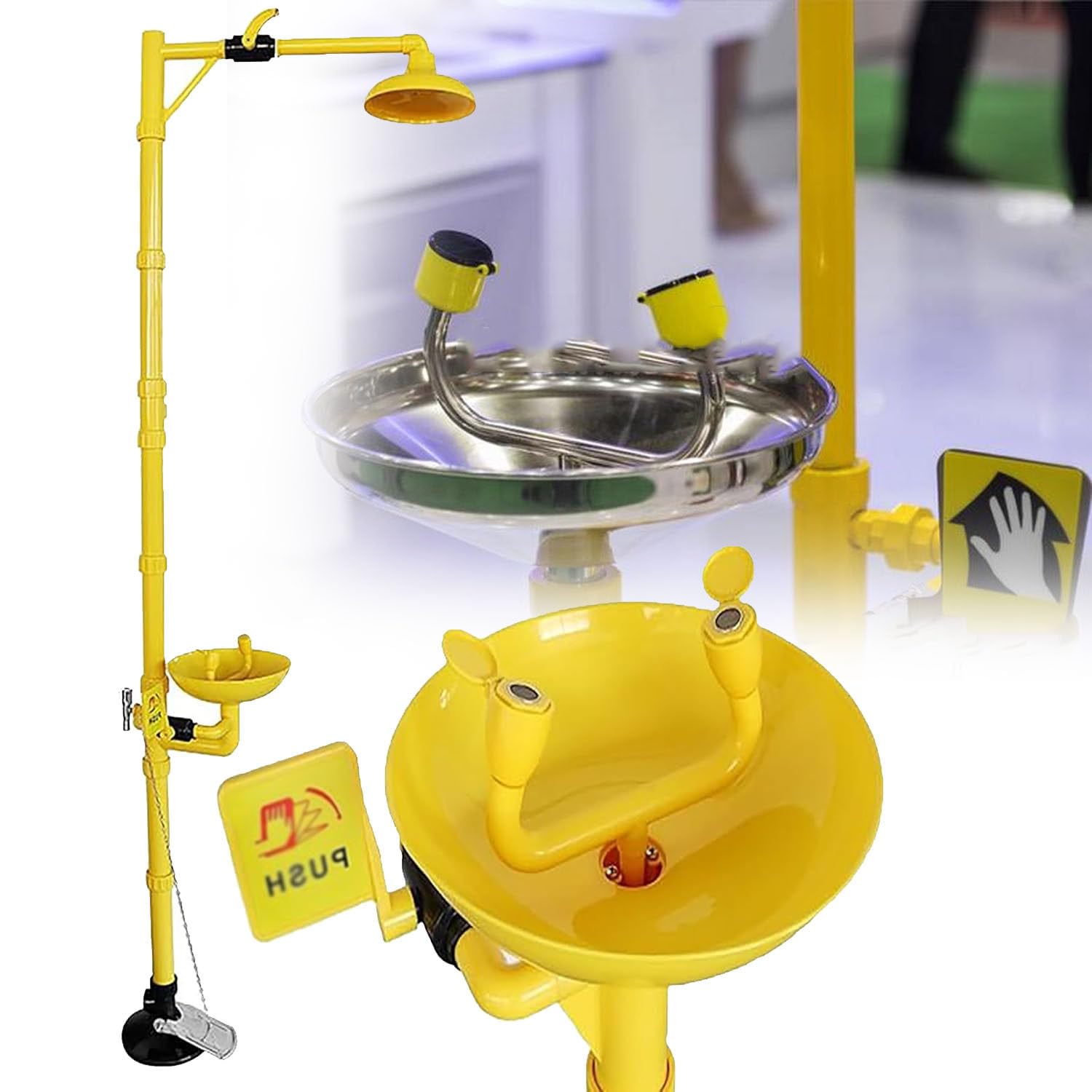 Estación lavaojos, Sistemas de Ducha de Emergencia Combinados, Ducha de Seguridad con Pedal, Acero Inoxidable, para Laboratorios industriales al Aire Libre.