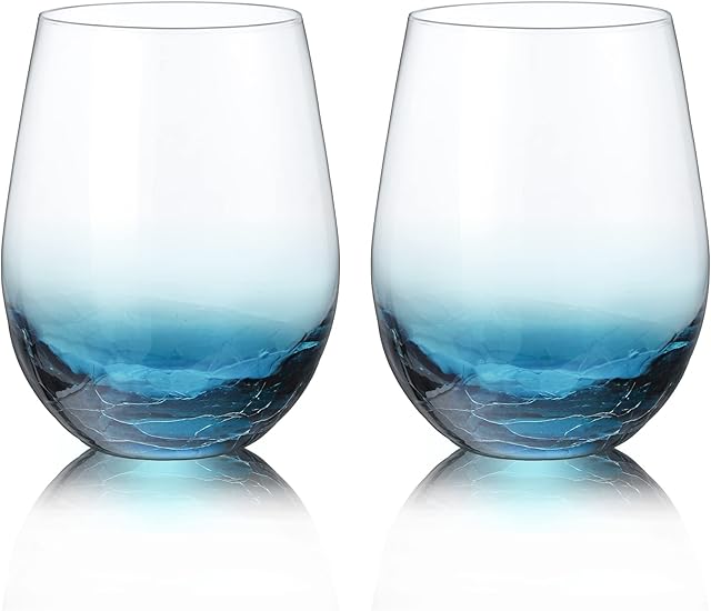 Joeyan Hand Blown Crackle Stemless Wine Glasses Set of 2-560ml Crystal Red/White Wine Glasses - Coloured Large Wine Cups Glass Tumblers for Party, Birthday, Anniversary