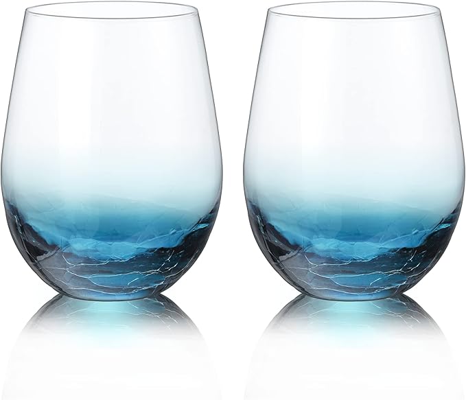 Joeyan Hand Blown Crackle Stemless Wine Glasses Set of 2560ml Crystal