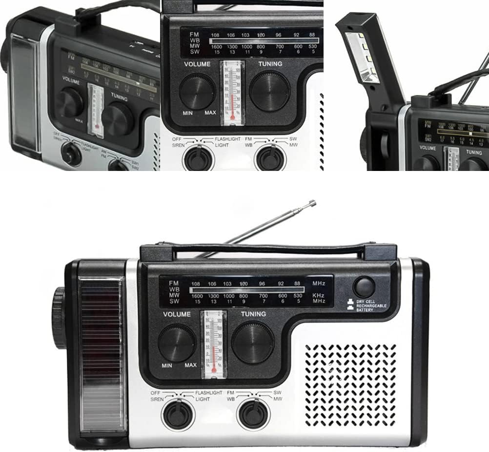 Radio d'urgence, Radio Solaire Portable à Manivelle Am/FM/SW Radios Multibande avec Lampe de Poche LED Lumineuse, Banque d'alimentation, Alarme SOS et Testeur de Température