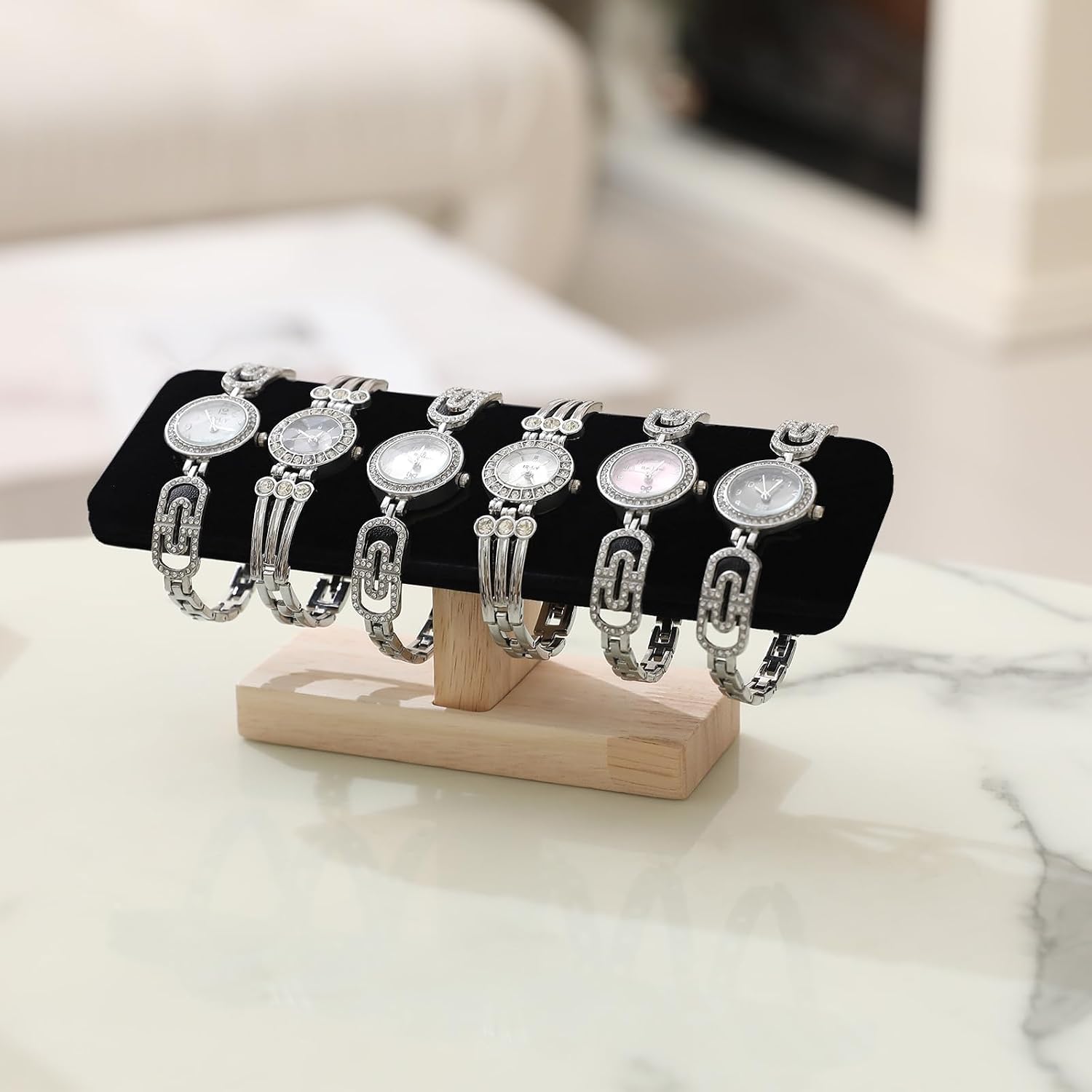 Wooden Watch and Bracelet Display Stand, T-Bar Jewelry Holder Organizer Rack with Wooden Base for Watches, Bangles, Necklaces, Scrunchies and Headbands, Black Velvet image 3