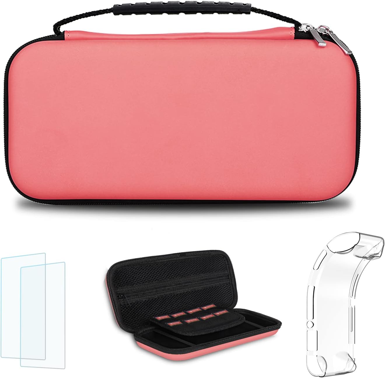 Simpeak Accessories Case Compatible with Switch Lite, Travel Carrying Case Hard Shell Storage Bag for Console and Accessories, with Tempered Glass and Silicone Protective Case for Girls Coral Pink