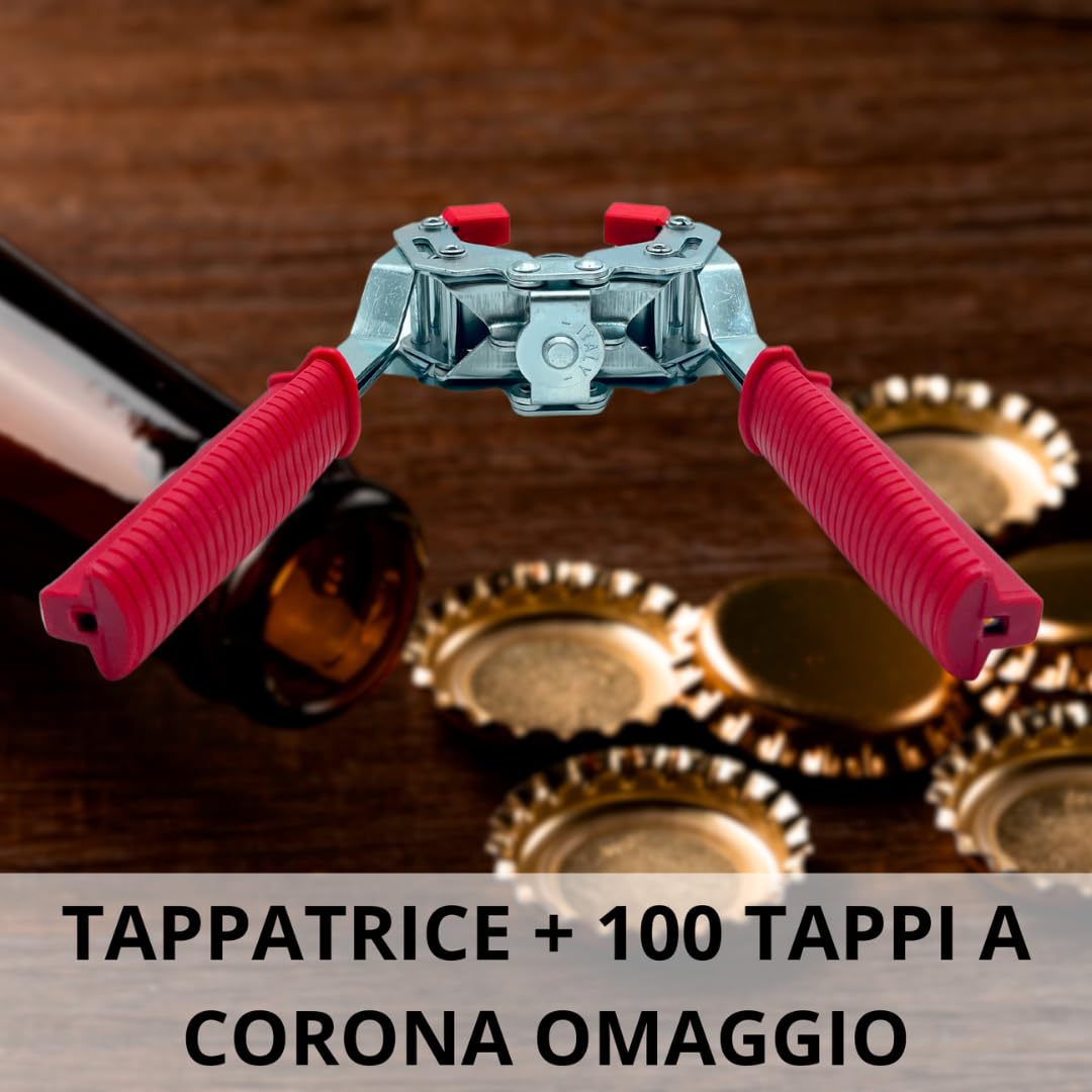 Maka Tappatrice Manuale + 100 Tappi Corona Diametro 26mm Inclusi Capsulatrice Professionale per Tappi Max 26.5mm in Metallo a 2 Leve Impugnatura Ergonomica per Vino Birra Salsa (tappa + 100 Tappi)