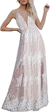 Dokotoo Womens Formal Dresses Deep V-Neck Embroidered Lace Mesh Evening Party Prom Dress Long Wedding Dress