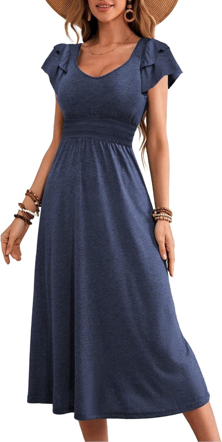 Dokotoo Women’s Ruffle Short Sleeve High Waisted Midi Dress 2025 Spring Summer Casual Crewneck A-Line Dress