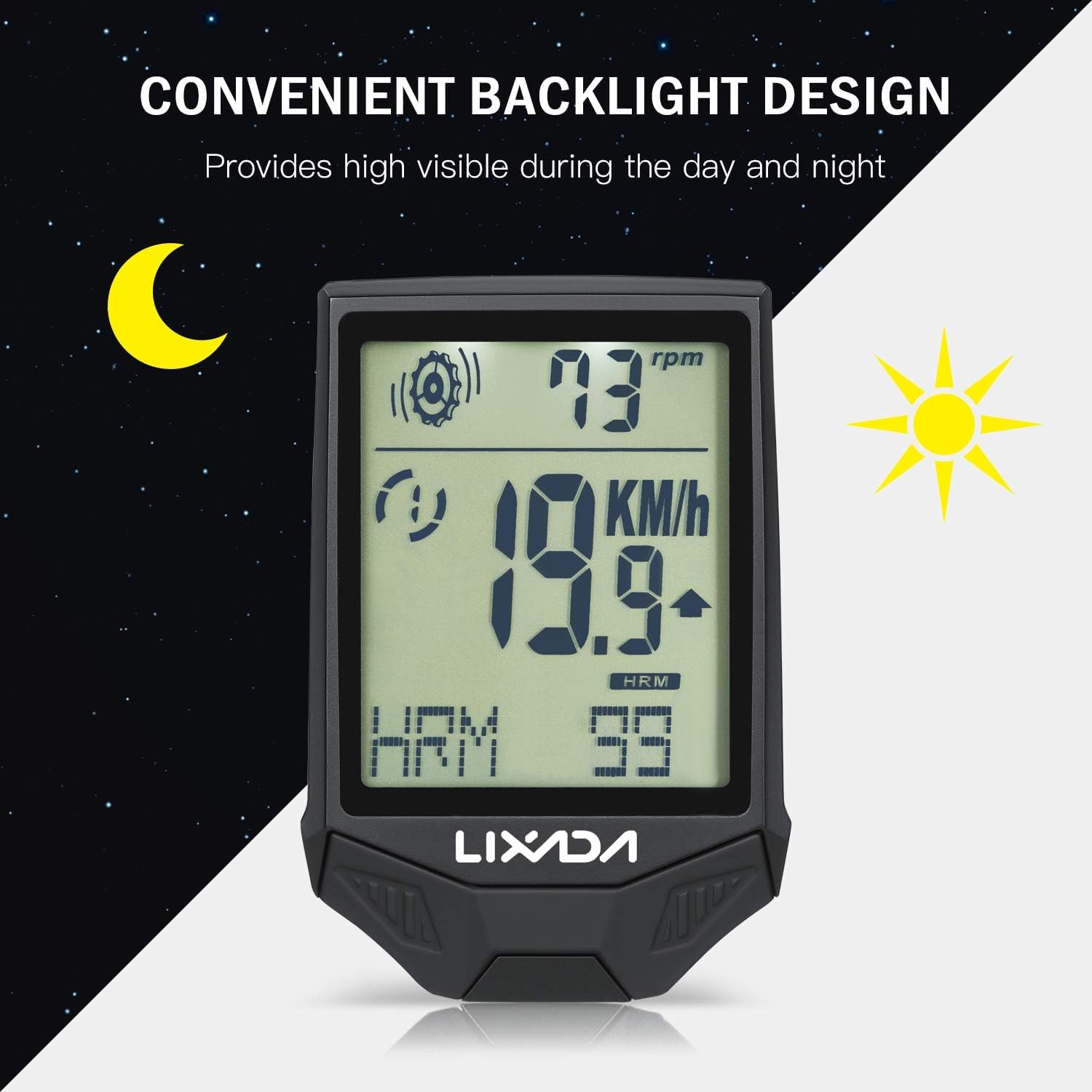 Cadence Moniteur de fréquence cardiaque, ordinateur de vélo sans fil avec capteur de fréquence cardiaque Ordinateur de vélo multifonctionnel étanche à la pluie avec écran LCD rétroéclairé(Black)