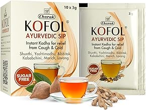 Kofol Ayurvedic Sip | Instant Sugar-Free Kadha for Cough, Cold & Sore Throat | Natural Immunity Booster Kadha with Ayurvedic Herbs | Tasty Hot Sip for Seasonal Flu Relief– 10 Sachets (Pack of 1)