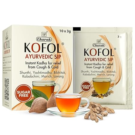 Kofol Ayurvedic Sip | Instant Sugar-Free Kadha for Cough, Cold & Sore Throat | Natural Immunity Booster Kadha with Ayurvedic Herbs | Tasty Hot Sip for Seasonal Flu Relief– 10 Sachets (Pack of 2)