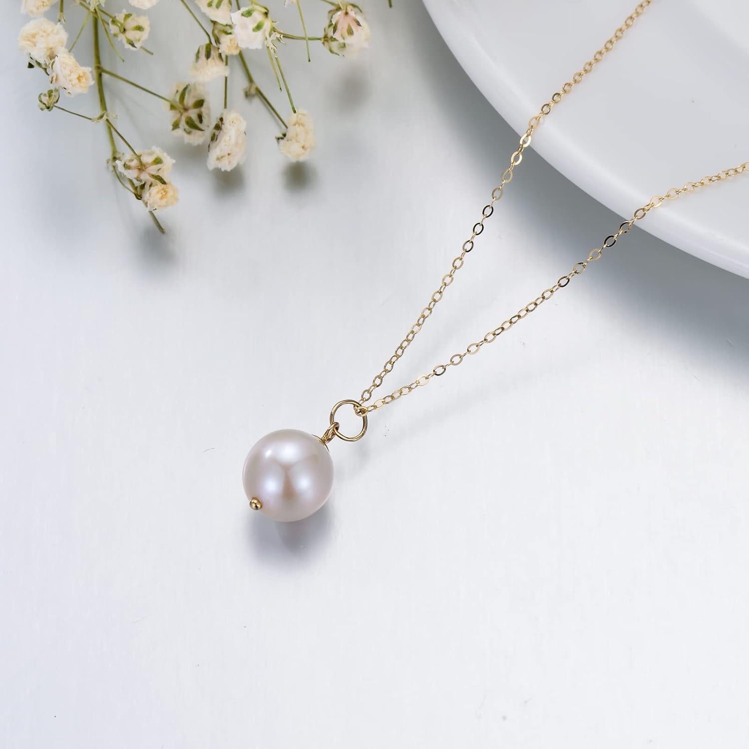14K Solid Gold Pearl Necklace for Women, Real Gold Freshwater Cultured Single Pearl Pendant Anniversary Jewelry Gifts for Her, Wife, Mom 16"-18" - Image 4