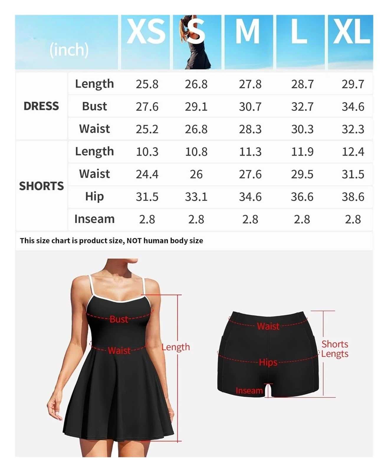 Vestido de Tenis for Mujer con Almohadillas extraíbles, Tirantes Finos Ajustables, Escote corazón, 2 Bolsillos Laterales Dobles, Ropa Golf para Tennis, Golf