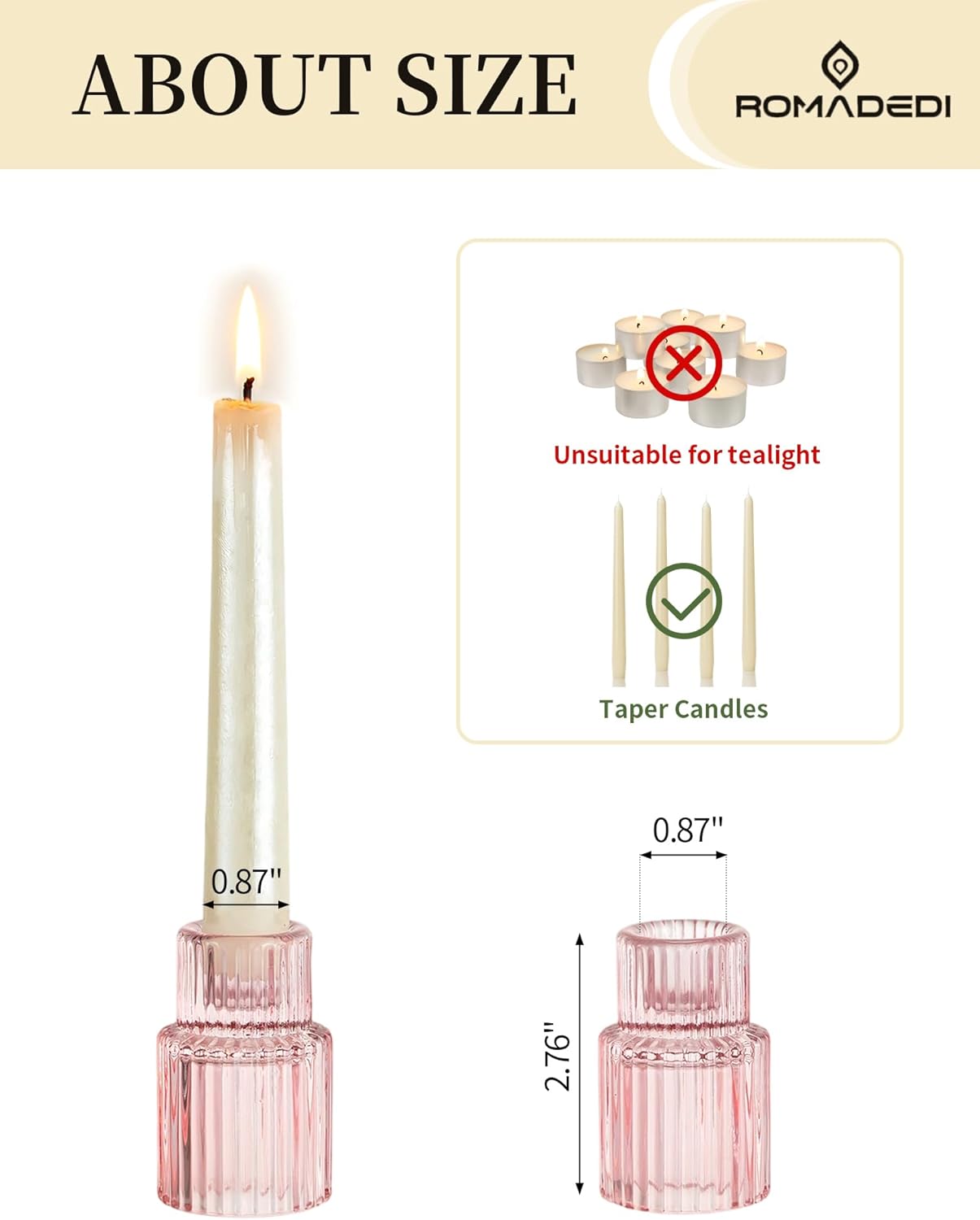 Romadedi Pink Glass Candle Holders - 10 Pcs Ribbed Candlestick Holder Bulk for Table Centerpiece Elegant Taper Holder for Wedding Birthday Party Baby Showers Valentines Mother's Day Christmas