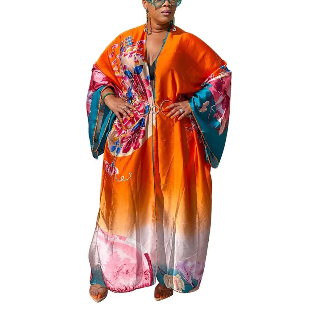 Cárdigan kimono floral de satén largo para mujer estilo bohemio 7