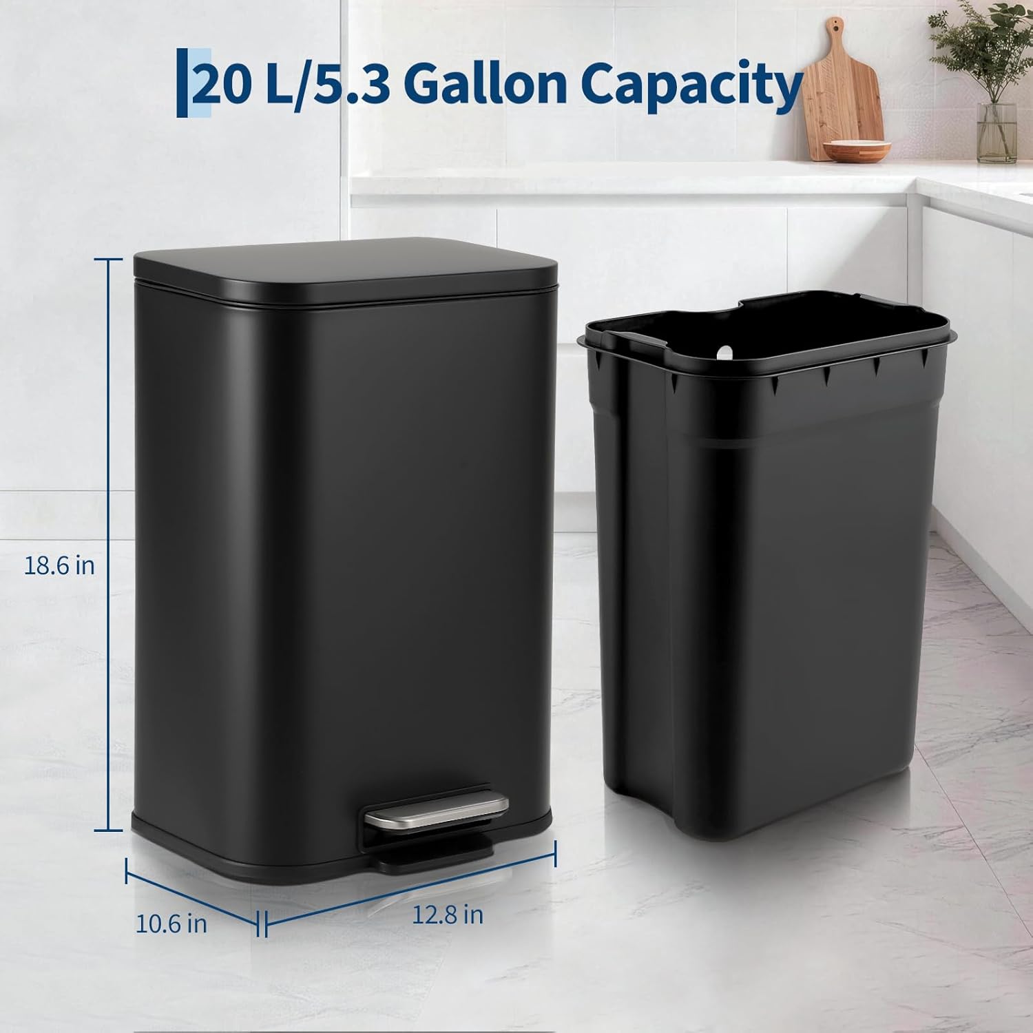 OUTLANE 5.3 Gal/20L Kitchen Trash Can, Stainless Steel Step Garbage Can with Soft-Close Lid & Removable Inner Bucket, Brushed Garbage Bin for Home, Office, Bathroom