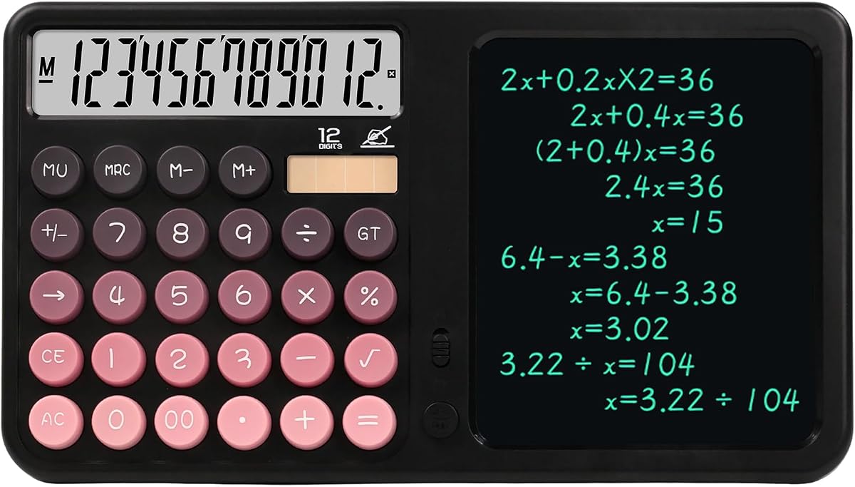 Calculadoras de escritorio con tableta de escritura de bloc de notas, calculadora de oficina con botones grandes de 12 dígitos, herramienta de matemáticas con energía solar y batería con pantalla grande para oficina, negocios y estudio, escuela y hogar (negro)
