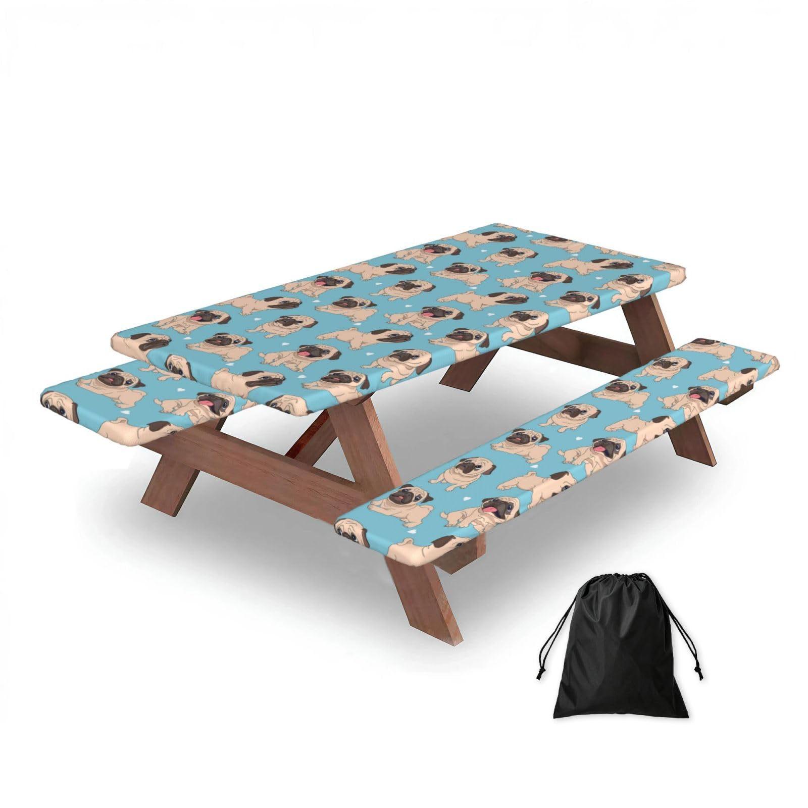 Dopklna As Picture Pug, Picnic Table Cover With Bench Covers -Waterproof Elastic Fitted Tablecloth For Garden Camping Patio 76X152cm
