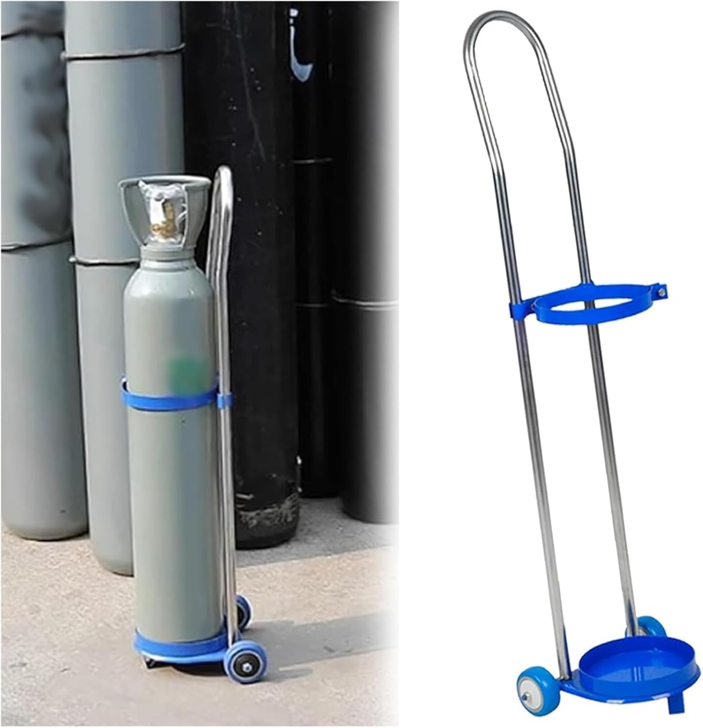 Carrello per serbatoio di ossigeno con anello fisso in acciaio e 2 ruote, carrello cilindrico per serbatoi di diametro 17 cm, altezza regolabile 15 L-95 cm, supporto per serbatoio di ossigeno per uso