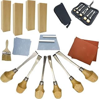 Fycooler 20pcs Set di strumenti di intaglio del legno con Legno da incisione Scalpelli da intaglio Blocchi di tiglio per la casa Scultura artigianale fai-da-te Laboratorio di falegnameria