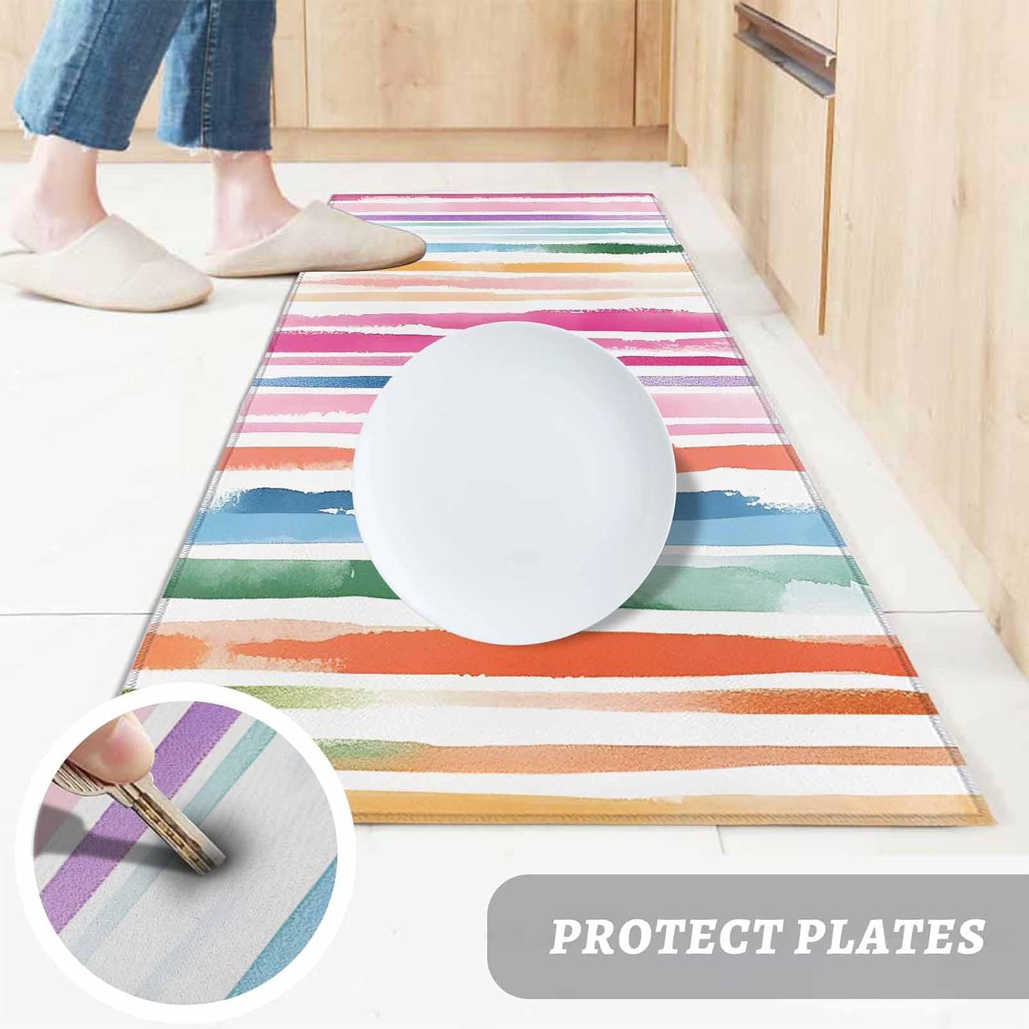 Kitchen Mats for Floor Classical Colorful Ombre Stripe Washable Non Slip Kitchen Rugs 2PCS, Abstract Watercolor Texture Absorbent Standing Mats for Sink Bathroom Office 15.7x23.6in+15.7x47.2in