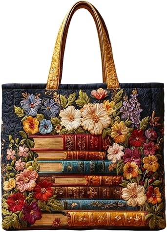 Bohemian Floral Stacked Books Quilted Tote Women Daily Shoulder Bag Handbag For Shopping