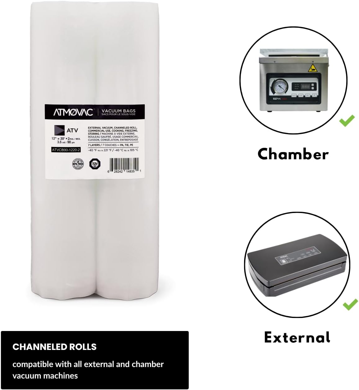 Vacuum Sealer Rolls – 12" x 20' (2-Pack) – Textured Channeled Bags – BPA-Free – For External & Chamber Sealers – Freezer & Boilable – Commercial Food Storage & Sous Vide Use