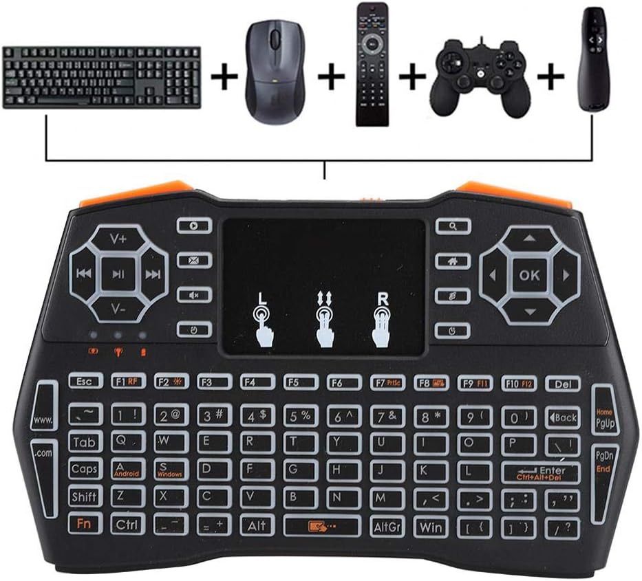 A person holding the Wendry I8 Plus keyboard, using it to control a television screen displaying a game.