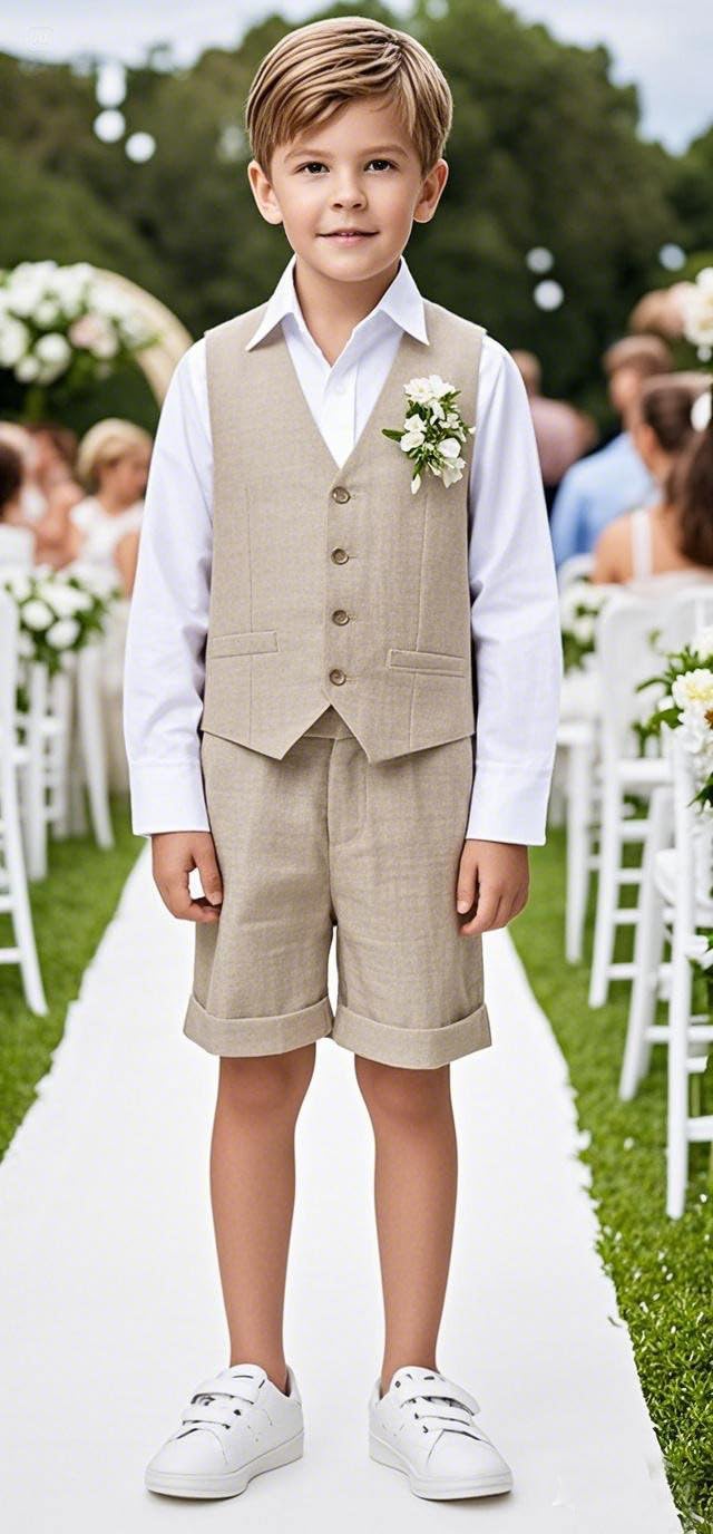 Ensemble short en lin pour garçon 2 pièces gilet pantalon tenue plage mariage ensemble smoking enfants