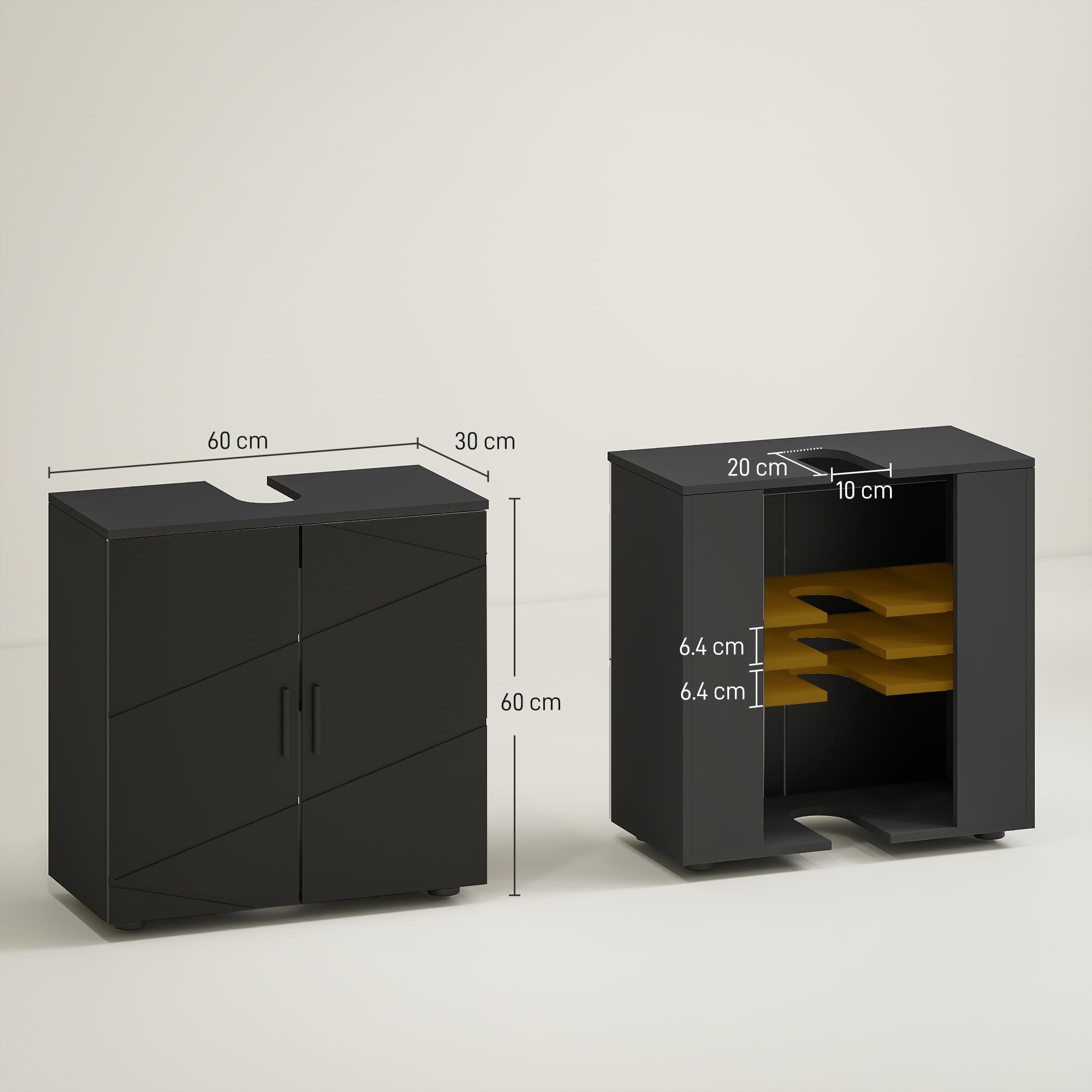 kleankin Mobile Sottolavabo con Armadietto 2 Ante, Mobiletto Bagno Sottolavandino in Legno con Mensola Regolabile, per Lavabi con o Senza Colonna, 60x30x60cm, Nero e Grigio Scuro