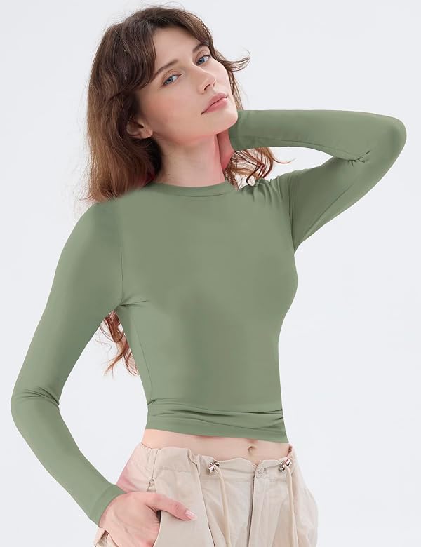 Women's Soft Long Sleeve Shirts Crew Neck Tops Basic Tees Stretchy Going Out Crop Tops Y2K Slim Fit T-Shirts Army Green M by ARCFEETORY - Used condition - Image 2