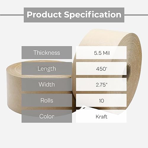 Miniatura 2 de Wolverine - Cinta de embalaje de papel kraft marrón 3.0, paquete de 10, 2.75 pulgadas (2.756 in) x 450 pies (449.5 ft), 5.5 mil, cinta de goma