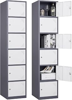 Metal Locker with 6 Doors, 71" Lockers for Employees Steel Storage Locker, Lockable Locker Cabinet for School, Gym, Home Office and Garage（Grey White）