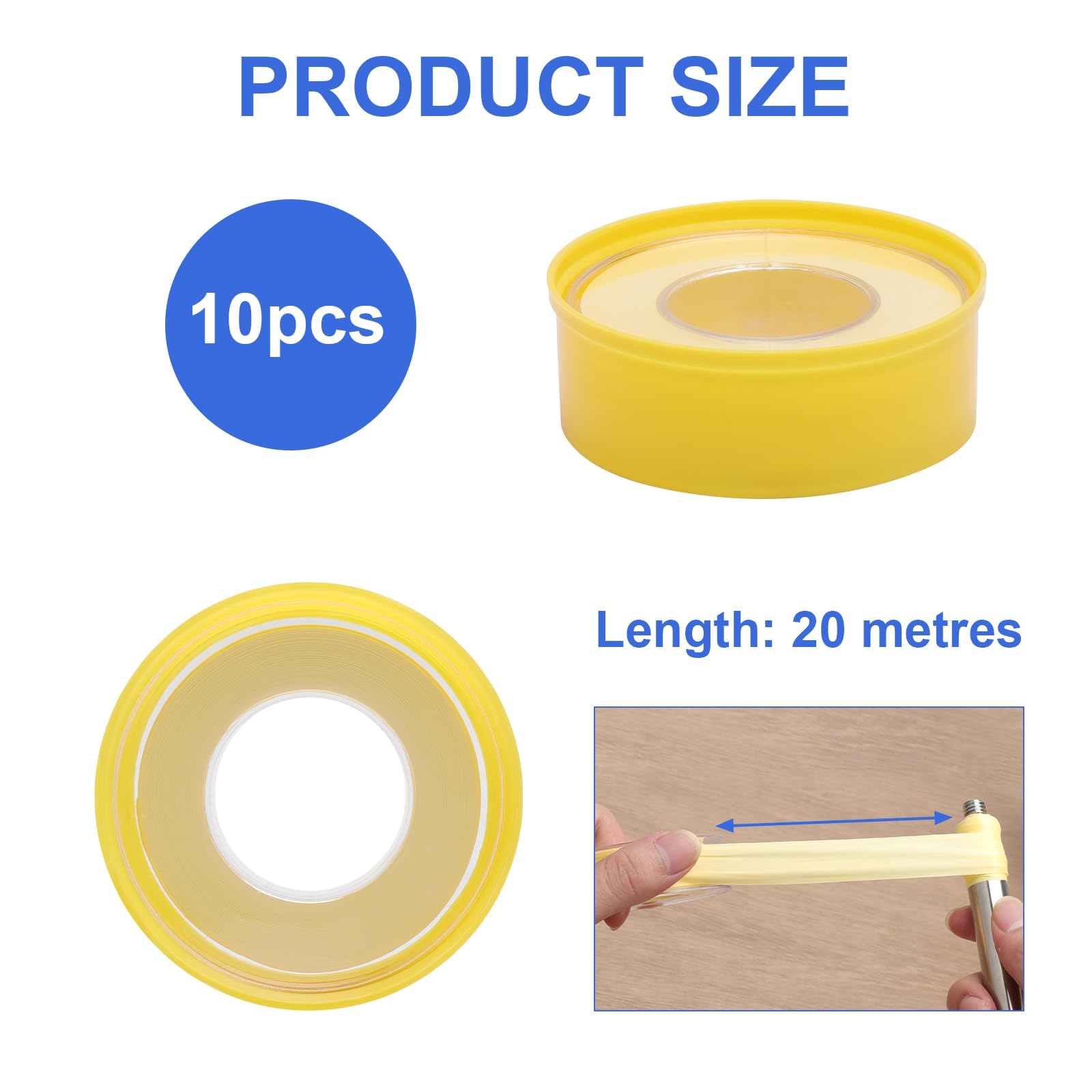 10 Pezzi Nastro Sigillante Impermeabile per Gas e Acqua, 18 mm X 0,2 mm X 20 m PTEF Teflon Idraulico con Scatola, Intervallo Di Temperatura Da -190 °C A 260 °C, Giallo