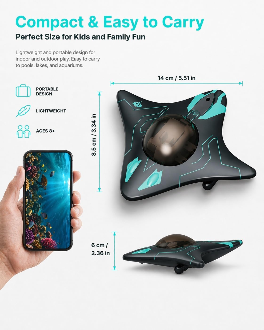 Underwater Drone with Camera, Submarine Water Photography Device, Portable Compact Exploration Imaging, Remote App Control, Adjustable Lift, LED Headlight, WiFi Live Video Transmission