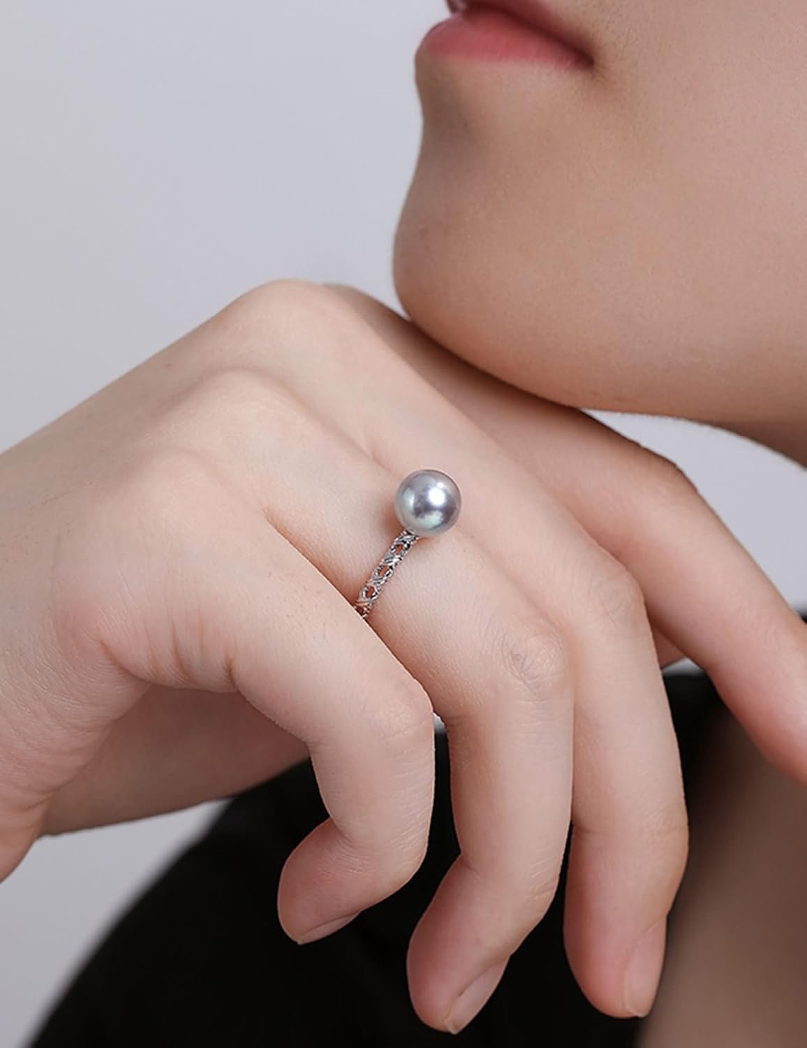 Women Rings Wedding 9 ct / 14 ct / 18 ct White Gold, Hollow and 8MM Pearl, Silver Light Gray Jewelry for Women Wedding Rings