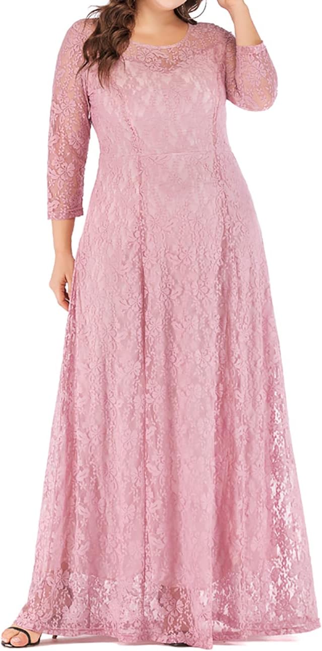 MAYFASEY Women's Plus Size Floral Lace Wedding Dress 3 4 Sleeve Bridesmaid Evening Party Long Maxi Dresses with Pockets
