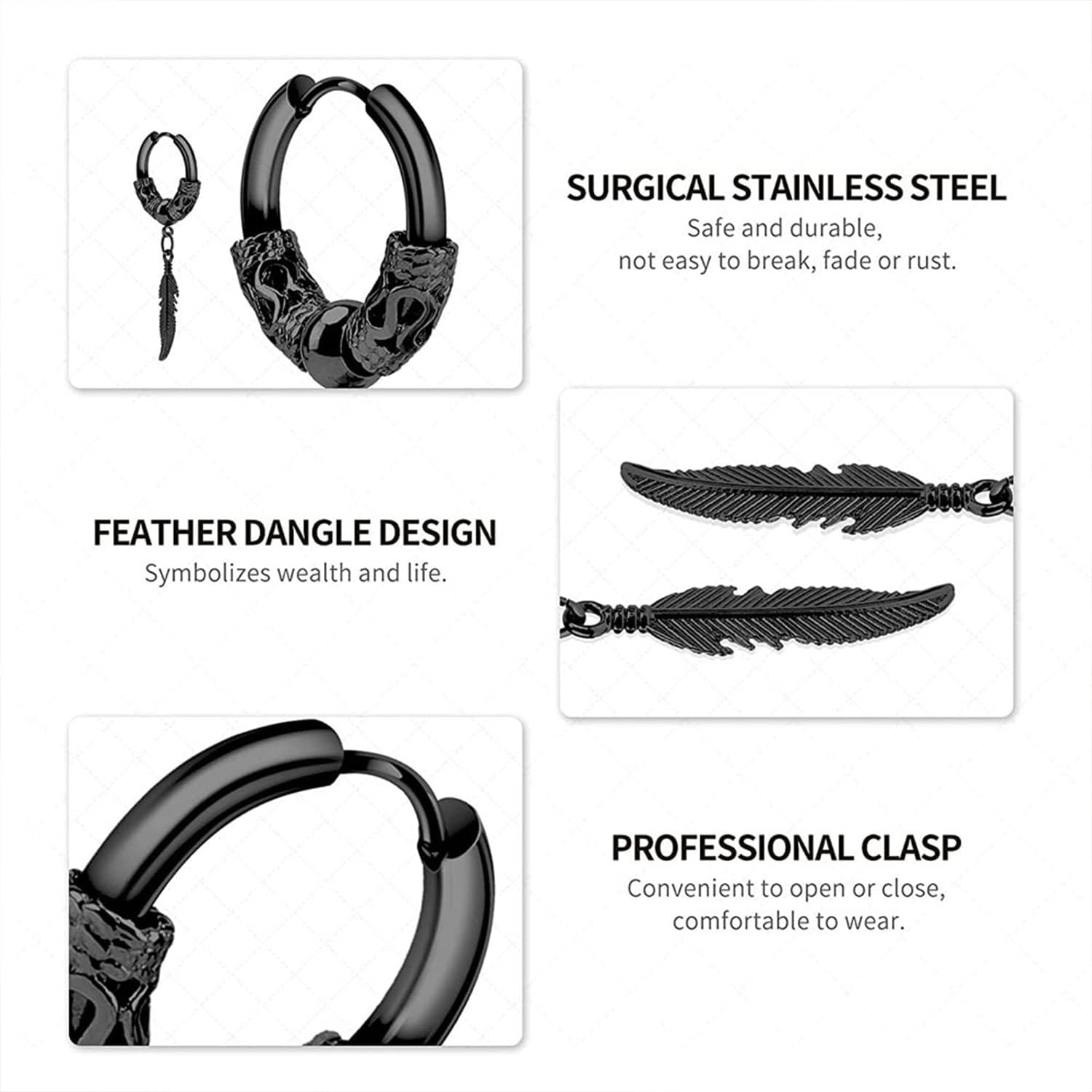 Stainless Steel Punk Drop Dangle Hinged Earrings Feather Gothic Mens Earring Black Huggie Hoop Earrings for Men and Women Wearing Jewelry - Image 6