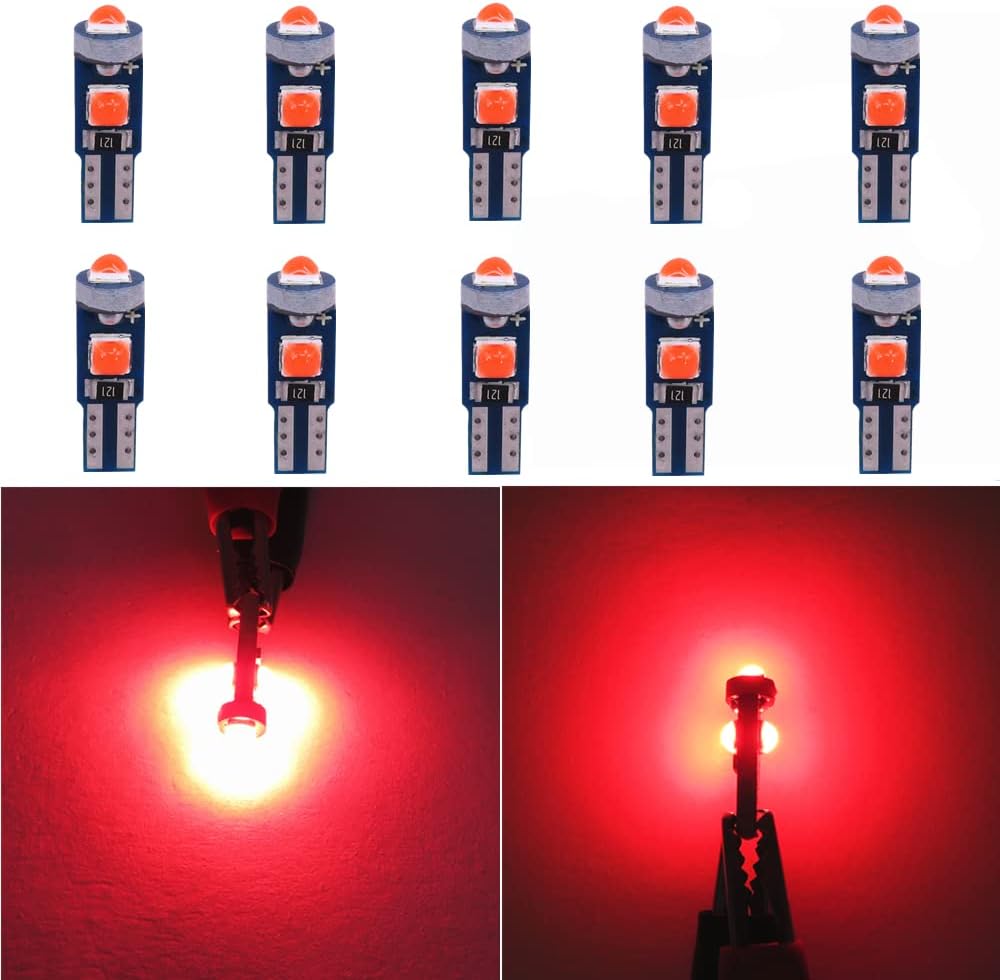WLJH 100 pieces Canbu Super Bright T5 Led Light Bulb 37 74 286 206 207 High Power 3SMD 3030 Chipest LEDs Car Interior Instrument Panel Cluster Dash Indicator Lights Red