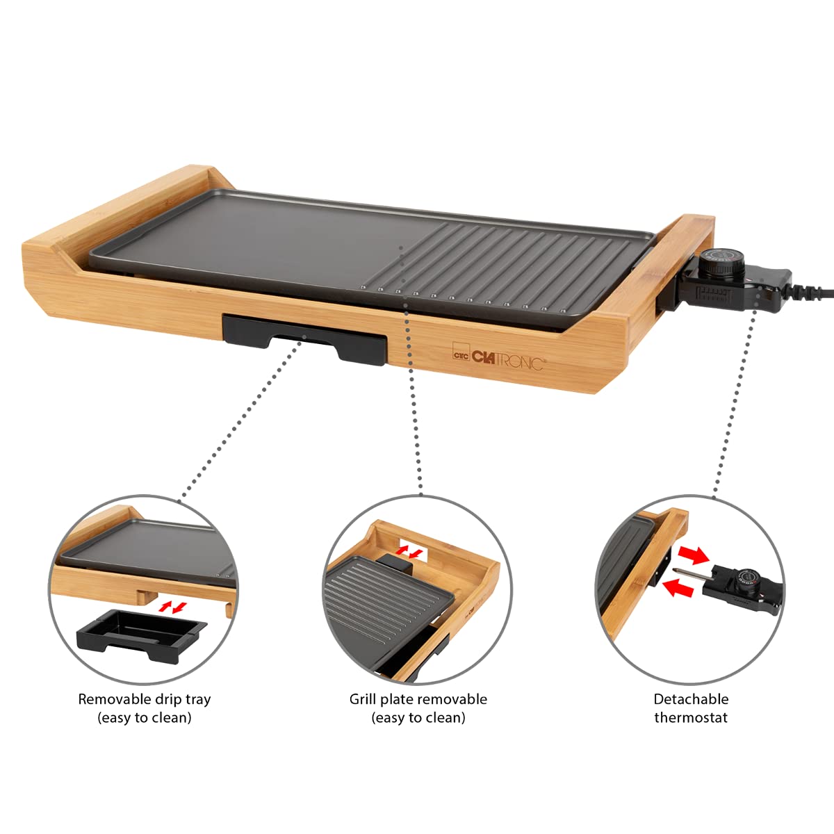 Clatronic TG 3697 1800 W Grill Elettrico Da tavolo Bambù, Nero