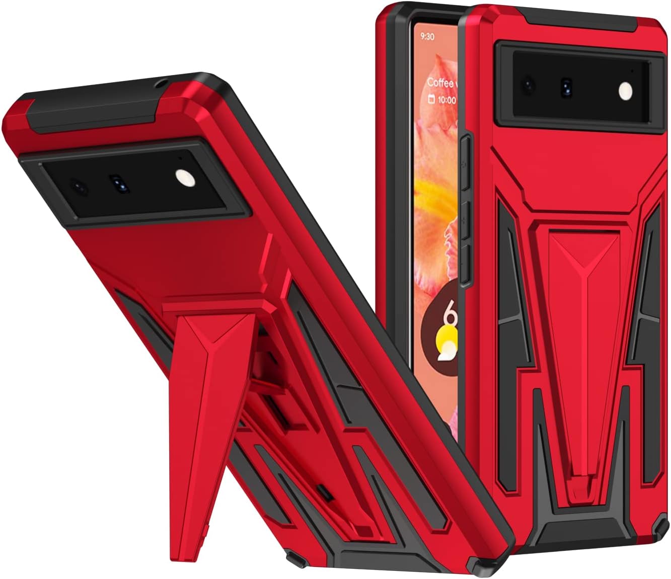 Design for Google Pixel 6 Case Kickstand Invisible,Support Wireless Charger,Military Grade Hard & Soft Dual Layer Heavy Duty Shockproof Anti-Scratch Armor Protective Phone Case for Pixel 6 (Red)