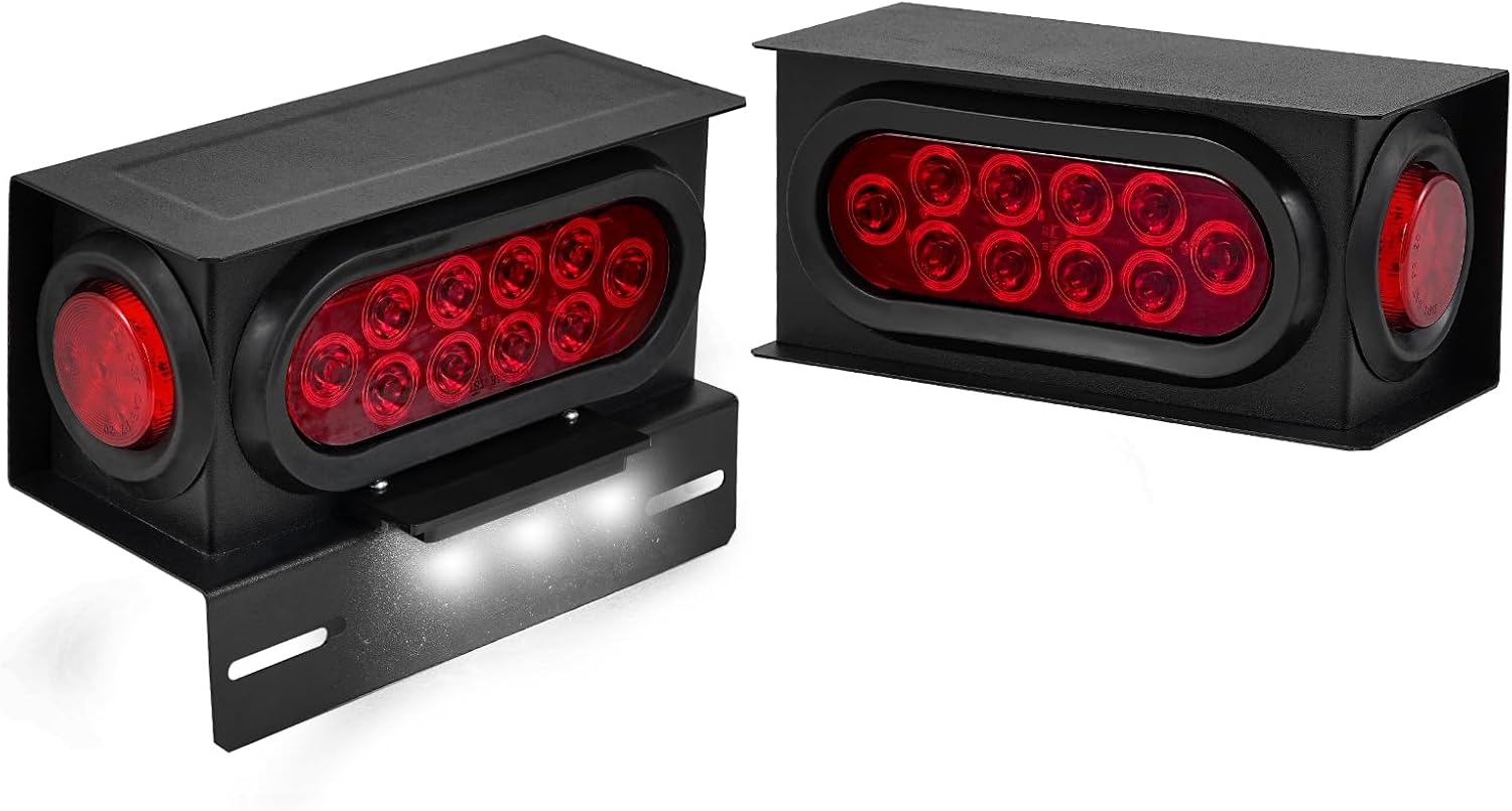 2PCS Steel Trailer Lights Boxes Housing Kit w/ 6 Inch Oval Red LED Tail Lights 2 Inch Round 4 LED RED Side Marker 6 LED License Plate Lighting, Grommets and Wire Pigtails Connectors Included