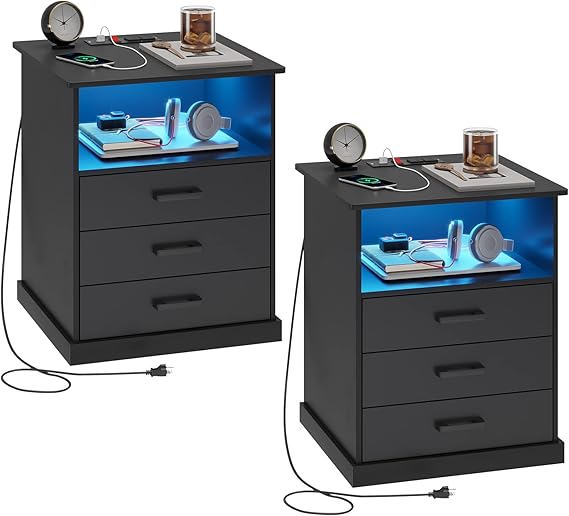 Hasuit Nightstands Set of 2 with Charging Station and LED Lights, Large Bedside Table with 3 Storage Drawer, Black Night Stand for Bedroom, Wider Tabletop 19.0''(L) x 15.0''(W)