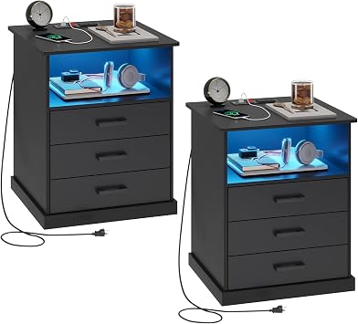 Hasuit Black Nightstand Set of 2 with Charging Station and LED Lights